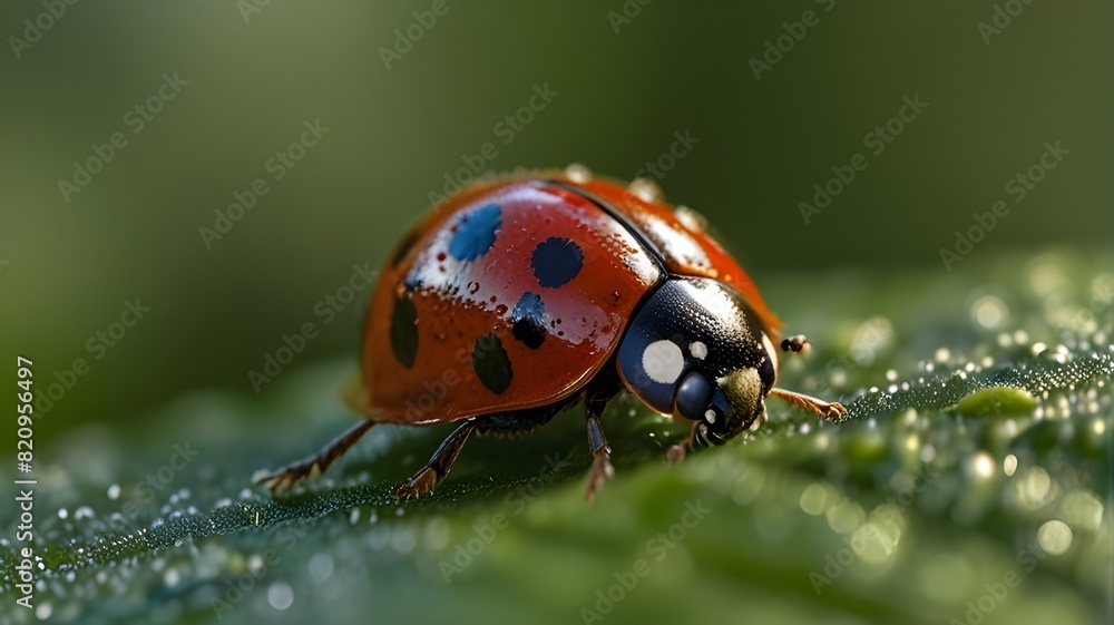 Fototapeta premium A vibrant ladybird, its red and black shell glistening in the early morning light, slowly making its way across a lush green leaf, its tiny legs leaving delicate imprints in the dewy surface.