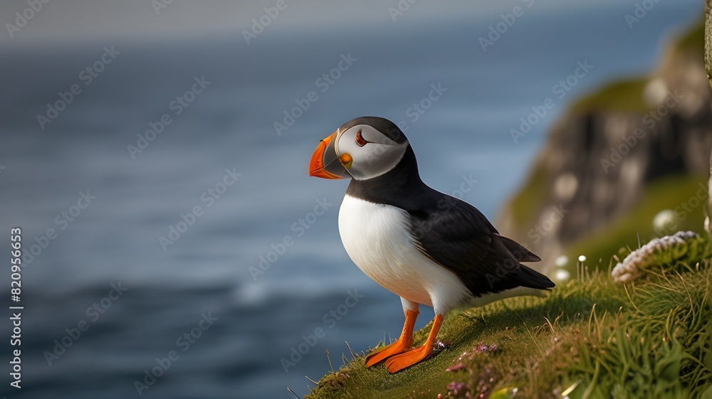 Fototapeta premium A majestic Atlantic puffin, Alca arctica, perched on the edge of a steep cliff, its vibrant orange beak and piercing eyes gazing out into the vast ocean.