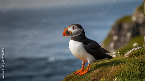 A majestic Atlantic puffin, Alca arctica, perched on the edge of a steep cliff, its vibrant orange beak and piercing eyes gazing out into the vast ocean. © Abid Raza