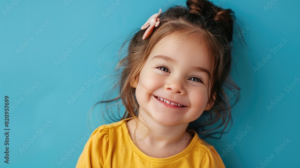 Portrait of a cute little girl smiling on a blue background. Portrait of a beautiful girl, a schoolgirl. The concept of advertising. Portrait of a cute little girl smiling on a blue background. Portrait of a beautiful girl, a schoolgirl. The concept of advertising.