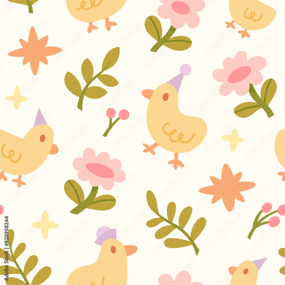 Cute vector seamless pattern with birds and floral elements. Cartoon beautiful background.