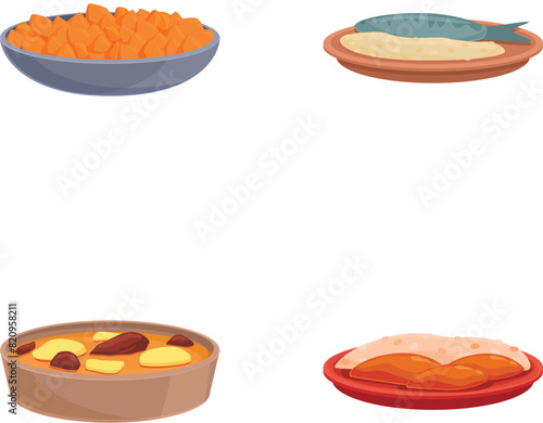 Caribbean cuisine icons set cartoon vector. Tasty caribbean cuisine dish. Food concept