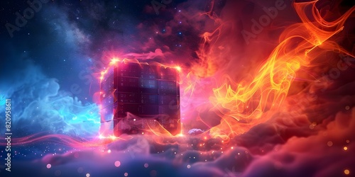 Elevated data center cube in the sky adorned with radiant lights and stars. Concept Technology  Data Center  Sky  Cube  Lights