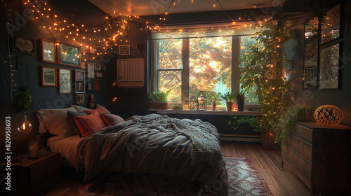 Serene bedroom, black walls, fairy lights strung across the ceiling. photo