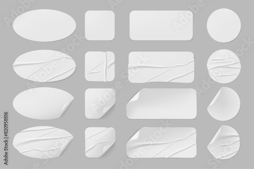 Stickers and labels with crumpled and glued surface texture. Vector isolated set of blank round and square papers with folded corners. Copy space and mockup on wet sticky notes with wrinkles crease