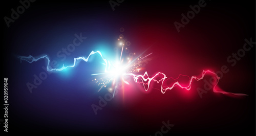 Lightning strikes red bolt vs blue light. Vector isolated realistic thunderbolt with sparks and trail ray. Fight or battle, versus explosion or energy force. Electrical discharge and flashes