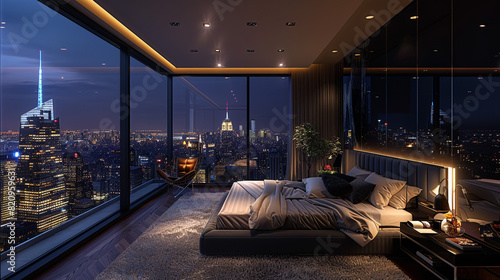 Spacious bedroom, black walls, panoramic city view at night.