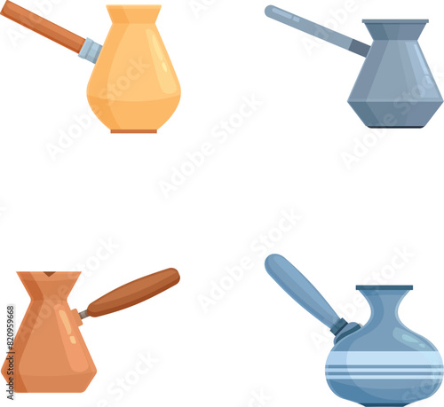 Coffee turk icons set cartoon vector. Traditional turkish coffee cezve. Kitchen equipment
