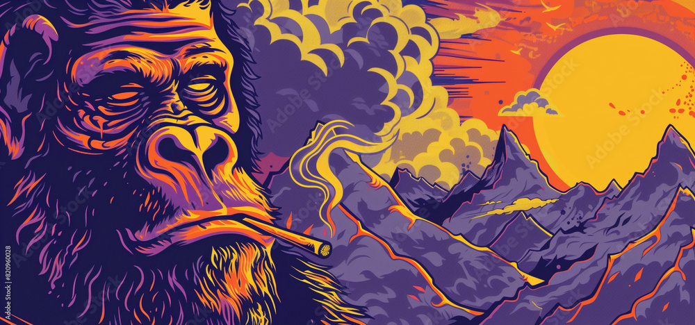 Bigfoot smoking a joint - vivid psychedelic style art of a sasquatch blazing a blunt at sunrise with mountain view Bigfoot smoking a joint - vivid psychedelic style art of a sasquatch blazing a blunt at sunrise with mountain view