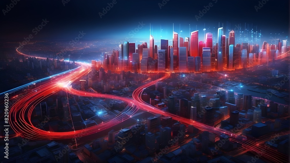 An abstract gradient blue and red blazing light trail encircles the nighttime metropolis, showcasing the concept of smart city big data connectivity technology.