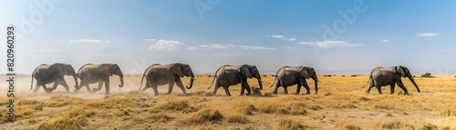 Elephants migrating through an unusually dry savannah  dust swirling  sun harsh and unforgiving