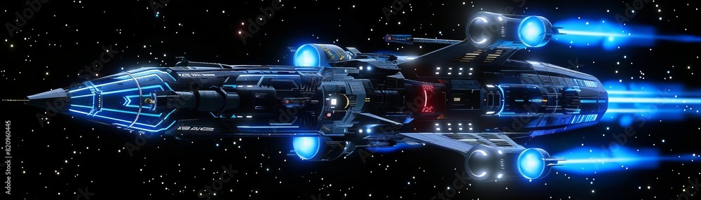 Experimental fighter ship testing new propulsion technology, vibrant blue thrusters, black void of space Experimental fighter ship testing new propulsion technology, vibrant blue thrusters, black void of space