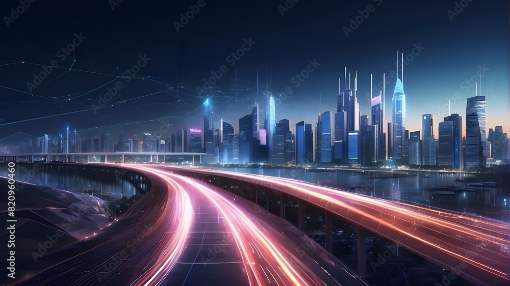 Speed line-equipped smart city A trail of bright lights encircles the city. technological concept for massive data connections. Speed line-equipped smart city A trail of bright lights encircles the city. technological concept for massive data connections.