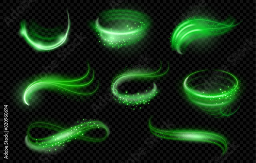 Abstract wind swirls with mint leaves and sparkles. Vector realistic air vortex and waves, curved lines with tiny pieces of flying foliage. Bright rays of light glowing energy and twinkles