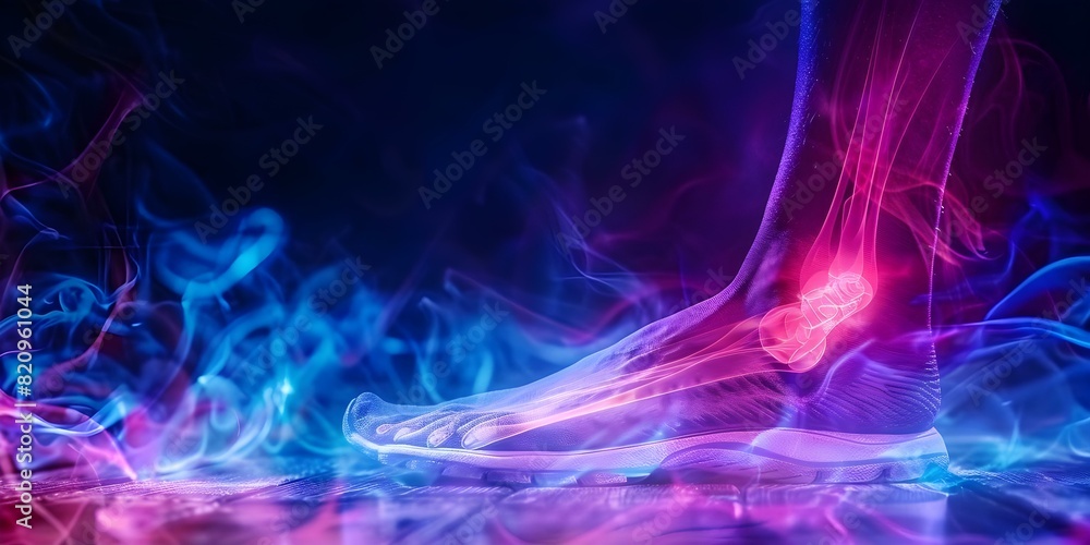 Image of foot with highlighted heel symbolizing plantar fasciitis causing walking difficulty. Concept Health, Plantar Fasciitis, Foot Pain, Walking Difficulty, Medical Condition