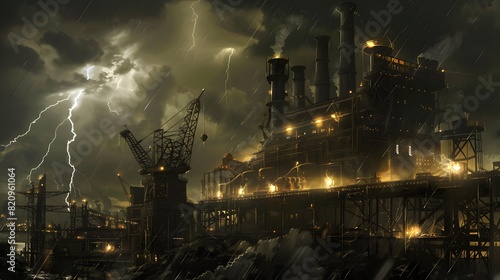 In the heart of a stormy night, colossal machinery stands resolute, illuminated by lightning, showcasing the power and resilience of industrial innovation