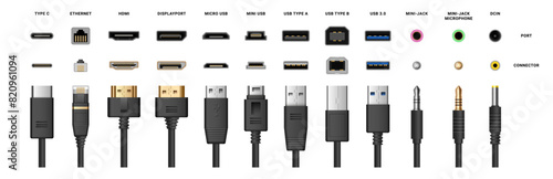Cables and computer ports types, electronic device input cable cords. Vector realistic type c and mini USB, ethernet and HDMI for monitor, DisplayPort and mini-jack microphone, dc in technology