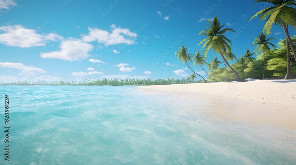 Panoramic view of a beautiful tropical beach with palm trees.