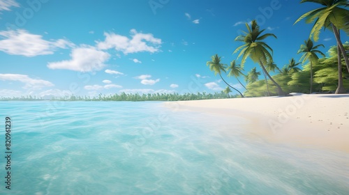 Panoramic view of a beautiful tropical beach with palm trees. © Iman