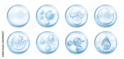 Drop of water with DNA structure and molecules. Vector isolated set of collagen droplets, essence or cosmetic serum for skin care and rejuvenation. Liquid bubble realistic solution, hyaluronic acid photo