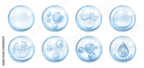 Drop of water with DNA structure and molecules. Vector isolated set of collagen droplets, essence or cosmetic serum for skin care and rejuvenation. Liquid bubble realistic solution, hyaluronic acid