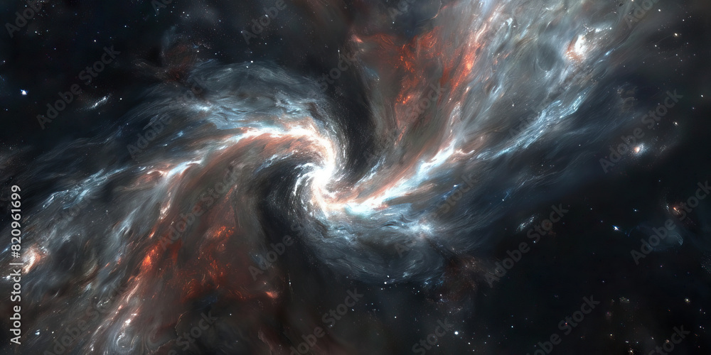 A swirling nebula, its gassous arms and tentacles stretching into the void, obscuring all but the brightest stars A swirling nebula, its gassous arms and tentacles stretching into the void, obscuring all but the brightest stars