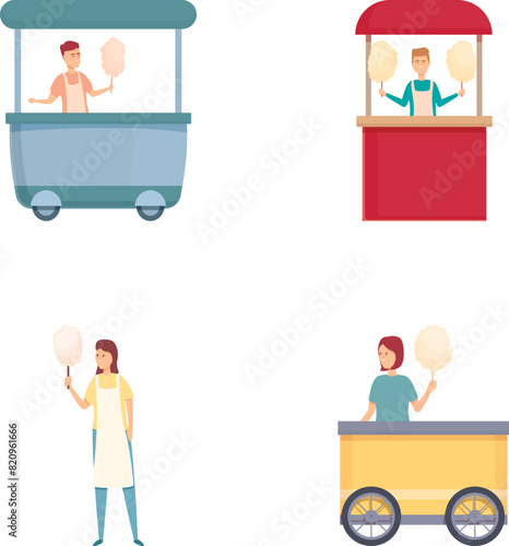 Cotton candy icons set cartoon vector. Seller of cotton candy near trolley. Amusement park