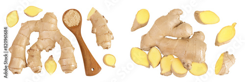fresh ginger and ground ginger in wooden spoon spice isolated on white background. Top view. Flat lay