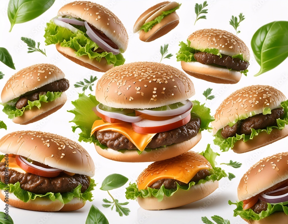 delicious burger sprinkled with seasoning spices on white background .generative ai delicious burger sprinkled with seasoning spices on white background .generative ai