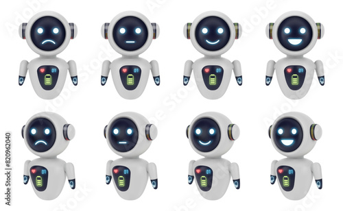 Robot or cyborg with facial expressions of joy happiness and sadness. Vector isolated set of futuristic toys or personal helpers with artificial intelligence. Smiling android with virtual memory