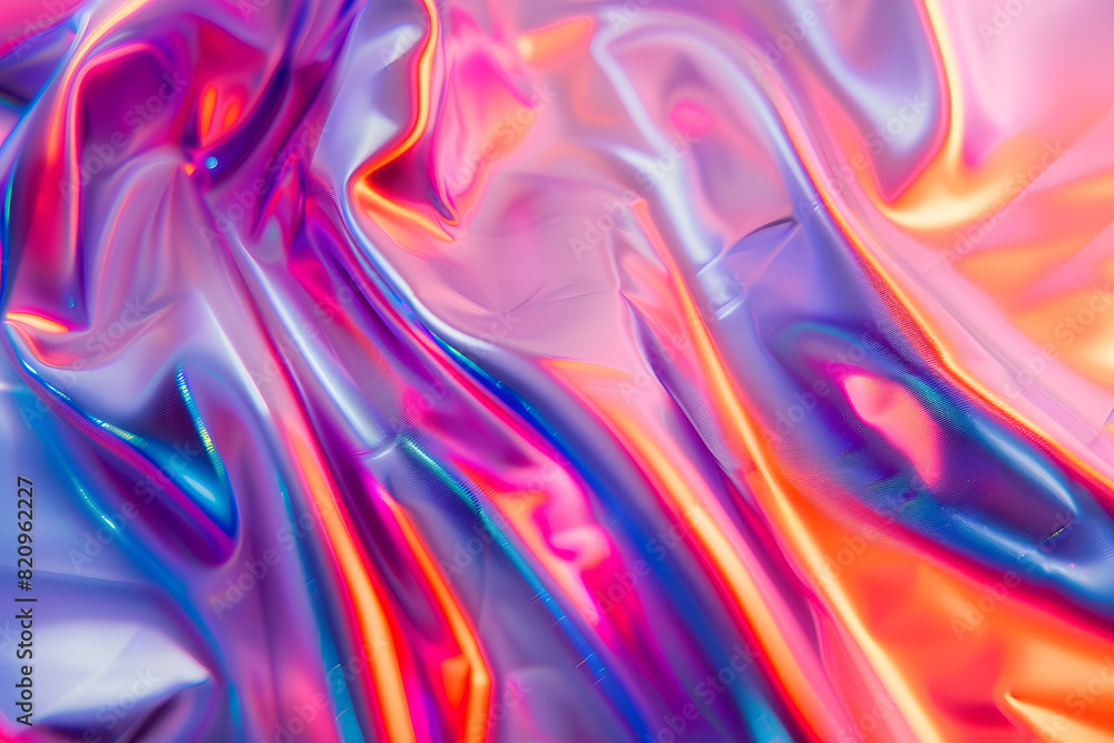 Obraz premium close up of ethereal bright neon pink magenta orange blue purple holographic metallic foil background abstract modern curved blurred surreal futuristic disco rave techno festive backdrop AI