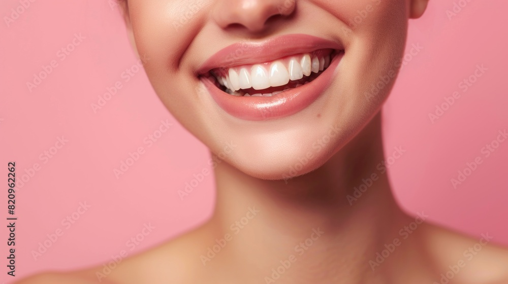 Obraz premium Beautiful female smile after teeth whitening procedure. Dental care. Dentistry concept