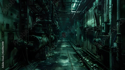 A cold, metallic machine room, where the hum of engines and gears create a haunting symphony, underscoring the relentless grind of industrial operations photo