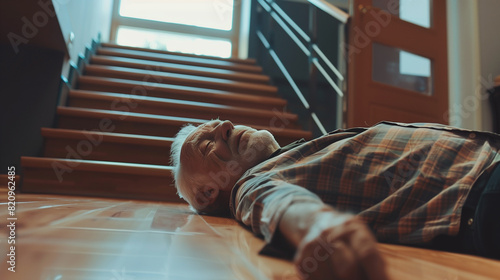 An old man fainted or fell unconscious or accidentally fell down the stairs in his home and was alone lying on the floor of the house having a heart attack. cardiac arrest emergency treatment risks