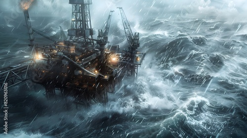A storm-battered oil rig in the middle of a turbulent sea, its machinery and structures standing defiantly against nature's wrath, showcasing industrial endurance and power photo