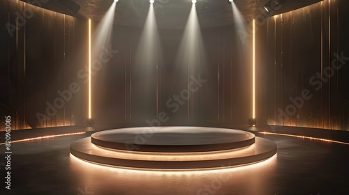 Round podium illuminated by searchlights,gold empty podium levitating in the darkness. Surround the podium with a mesmerizing wall of vertical gold neon lamps, casting an ethereal glow. 