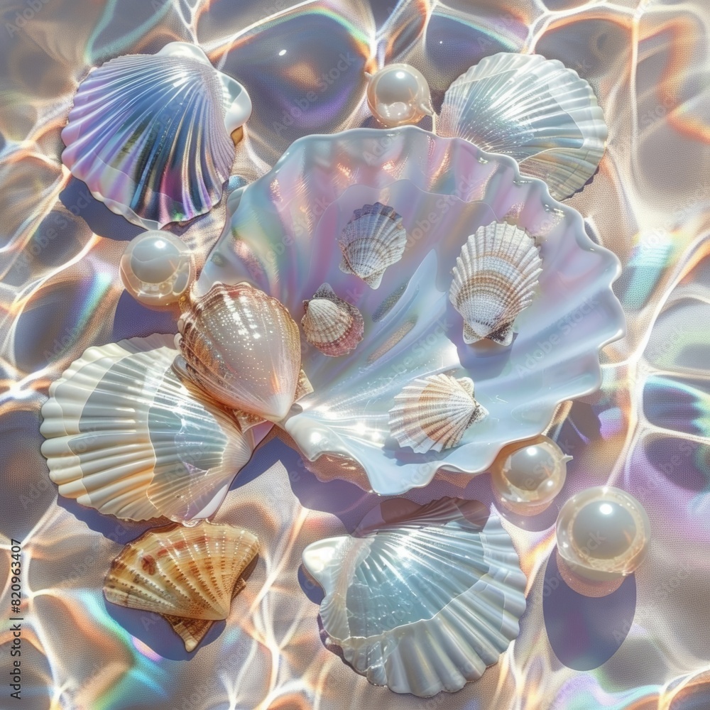 Seashells and pearls are artfully illuminated by caustic light effects, creating a warm, enchanting atmosphere Seashells and pearls are artfully illuminated by caustic light effects, creating a warm, enchanting atmosphere