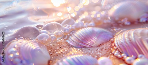 An intimate view of shimmering seashells adorned with bubbles and glitter, capturing the magical essence of the ocean's treasures © lagano