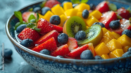 Bowl of colorful mixed fruit salad  featuring a variety of fresh and vibrant fruits like strawberries  blueberries  kiwi  and mango  evoking a sense of health and freshness. List of Art Media