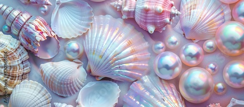 A colorful array of seashells and pearls, artistically arranged to create a soothing pastel-themed image perfect for decor photo