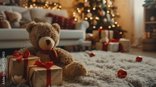 Festive scene with a teddy bear and Christmas decorations by a fireplace. photo