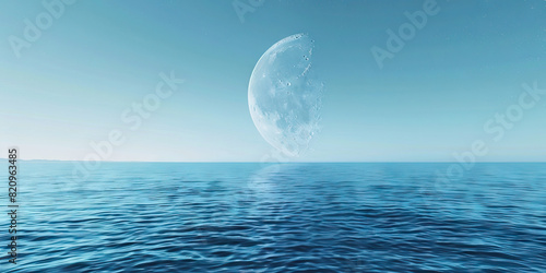 The Earth s crescent moon hangs in the sky  reflecting soft blue light upon an endless ocean