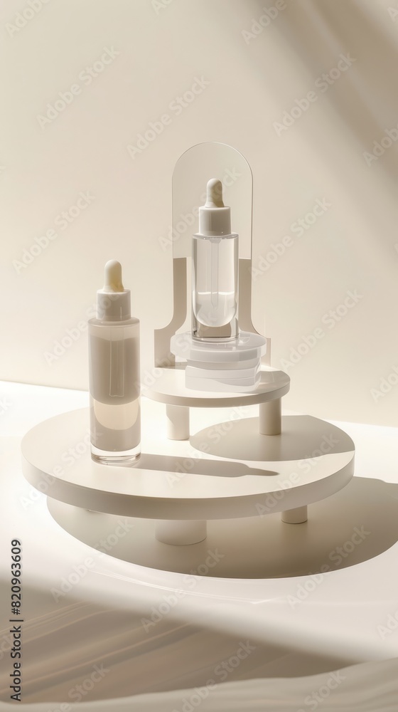 two bottles in a stand, in the style of light-filled scenes two bottles in a stand, in the style of light-filled scenes