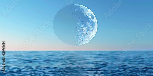 The Earth's crescent moon hangs in the sky, reflecting soft blue light upon an endless ocean