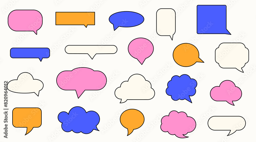 Set of colorful speech bubbles. Dialogue box in doodle style. Modern vintage vector illustration. Text boxes for chats and games. Various talk balloon shapes in retro 90's style Set of colorful speech bubbles. Dialogue box in doodle style. Modern vintage vector illustration. Text boxes for chats and games. Various talk balloon shapes in retro 90's style