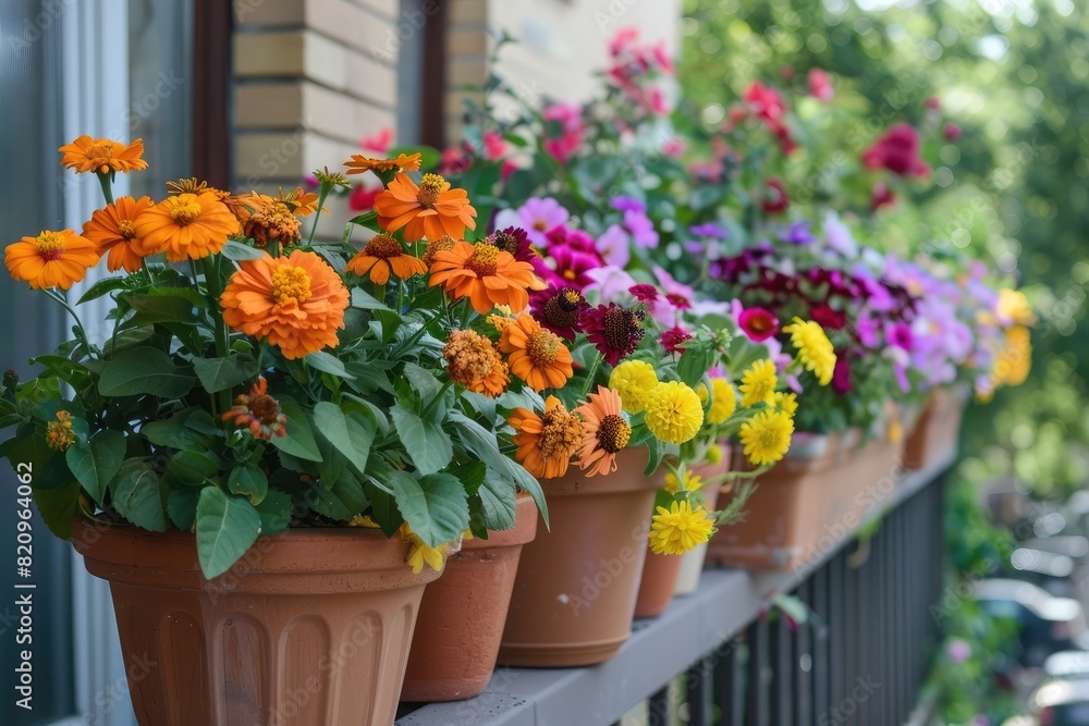 A balcony railing adorned with classic white terra cotta pots filled with cheerful marigolds, zinnias, and sunflowers, bringing a burst of summertime color to a city apartment
