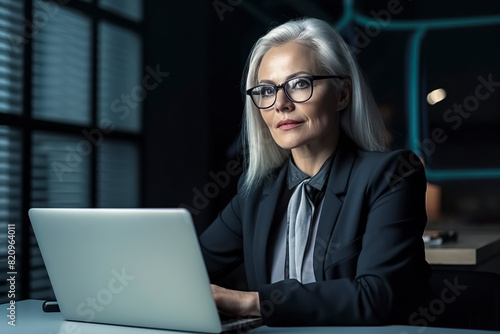 A woman in a business suit is sitting at a desk with a laptop in front of her. She is wearing glasses and she is focused on her work
