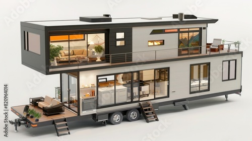 Step into the future of mobile living with our high-detail 3D model of a two-story smart home on wheels, equipped with state-of-the-art amenities and conveniences