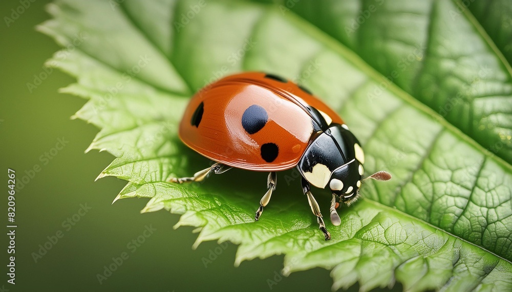 a vivid series capturing a ladybug perched serenely on a lush green leaf showcasing the intricate beauty of nature up close