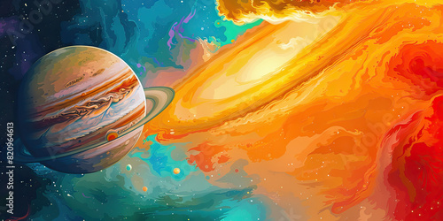 A gargantuan gas giant looms large, its colorful clouds swirling like an artist's palette.